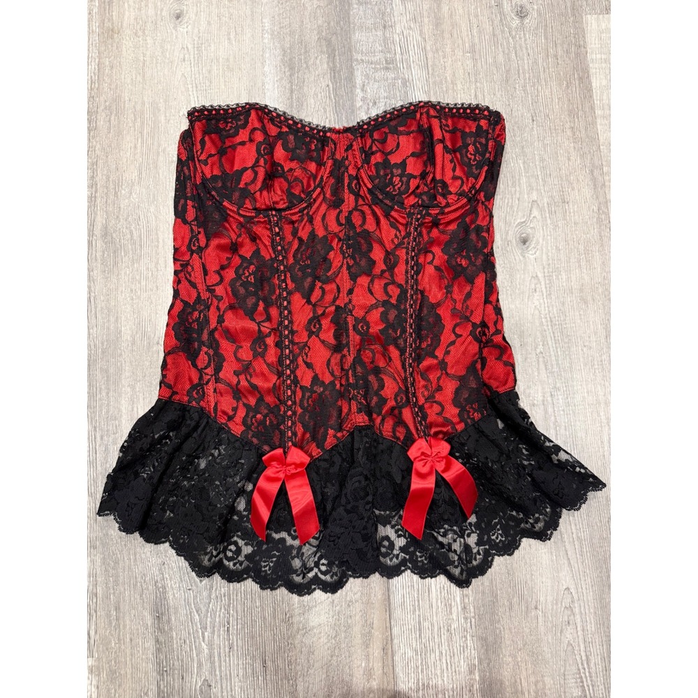 Fredericks of Hollywood Y2K Vintage Red Black Lace Corset Top Size 38